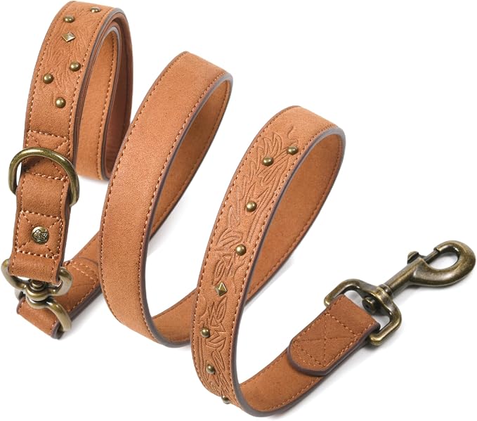 Blueberry Pet Premium Embossed Microfiber Leather Dog Leash with Decorative Studs in Saddle Brown