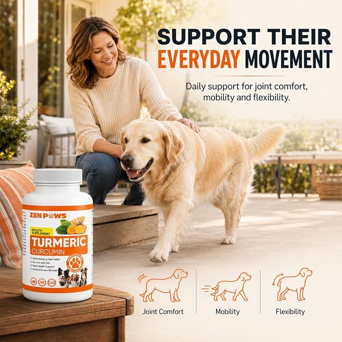 Turmeric for Dogs – 180 Chewable Tablets – Hip and Joint Support with Curcumin & Piperine – Joint Supplement, Anti Inflammatory & Mobility Support, Allergy & Itch Relief - Duck Flavor with Salmon Oil