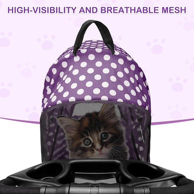 MoNiBloom 3-in-1 Foldable Pet Stroller - Purple Polka Dots, up to 33lbs