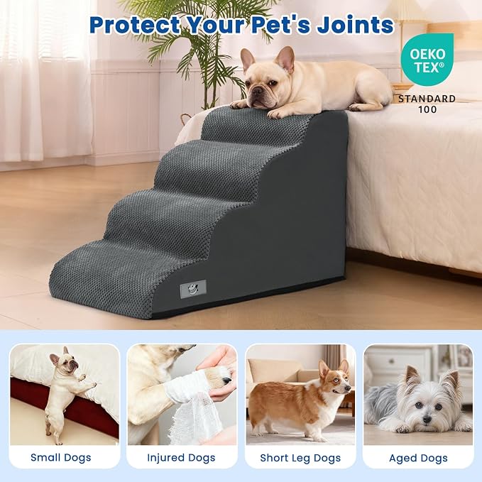 Airpanda Dog Steps for Bed, 4 Step Pet Stairs for Small and Medium Dogs, Non-Slip Dog Ramp with Washable Cover, High-Density Support Foam for Easy Climbing,Grey