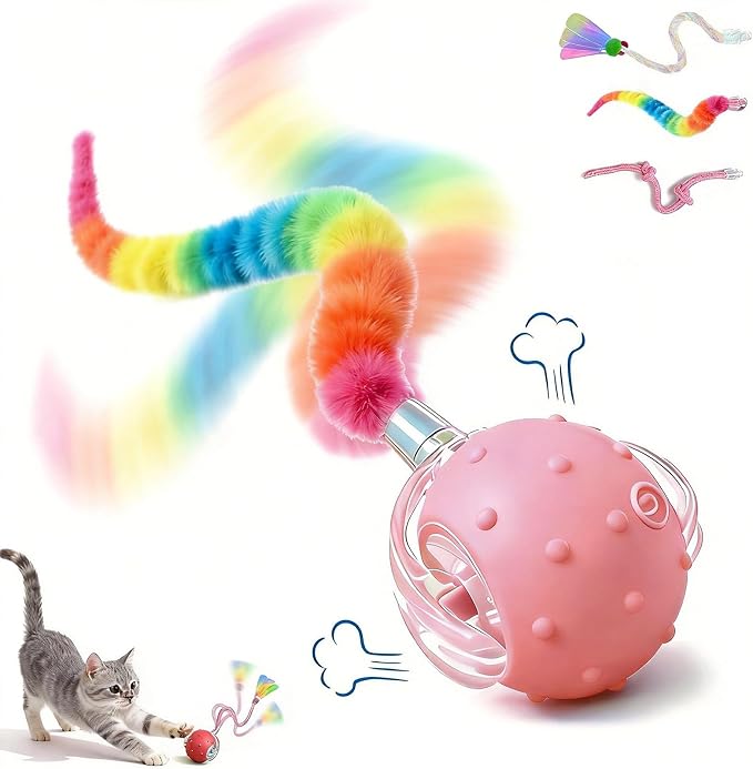 Automatic Chirping Cat Ball, 3 Interchangeable Tails for Indoor Cats, Pink | Self-moving interactive cat toy, entertains bored kittens, automatic self-play enrichment for indoor cats