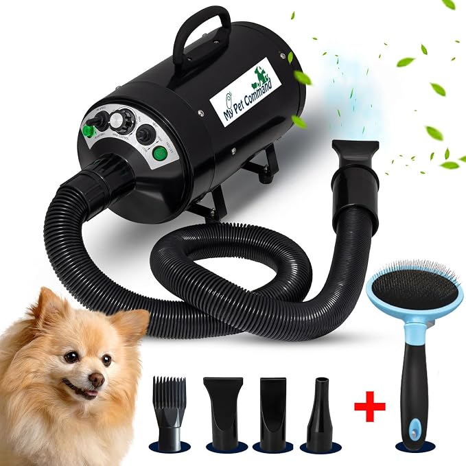 My Pet Command Professional 4.5HP Dog Dryer Blower High Velocity, 110V | 500W-2800W, Ultra Quiet, Adjustable Hot Cold Airflow and Windspeed , For Drying Deshedding, With 4 Nozzles and Slicker Brush