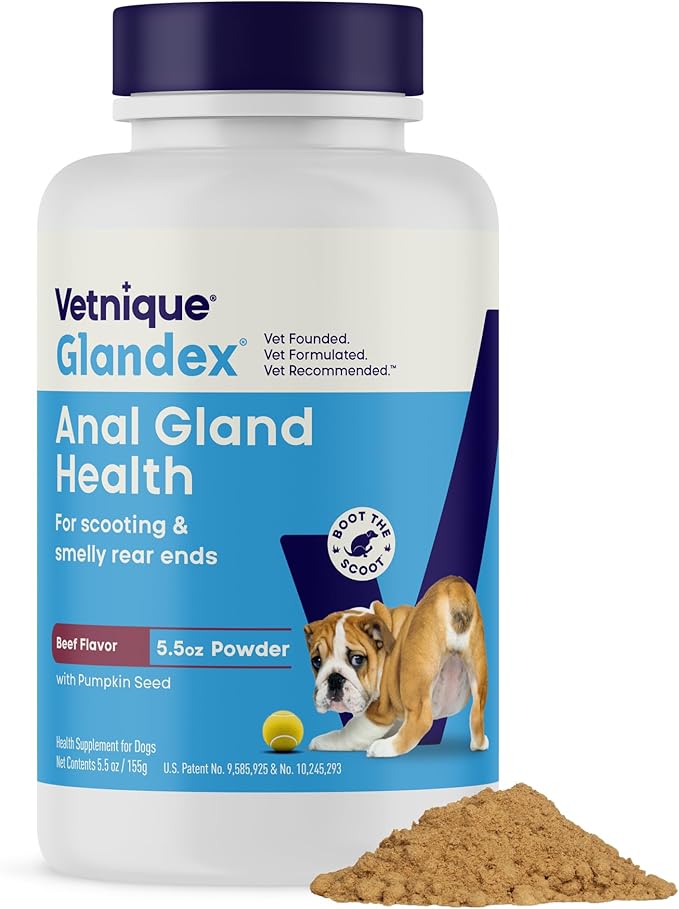 Glandex Vetnique for Dogs 5.5oz Beef Liver Powder Fiber Supplement Hygienic Wipes 75ct Bundle