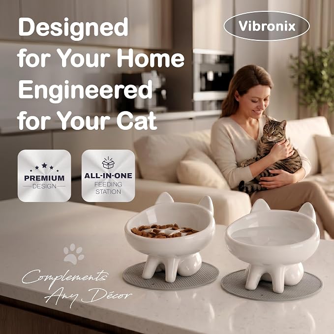 2 Pack Anti-Vomit Elevated Slow Feeder Cat Bowls with 2 Non-Slip Mats – Ceramic Whisker-Friendly Tilted Orthopedic Feeding Set, Ideal for Senior Cats & Small Dogs