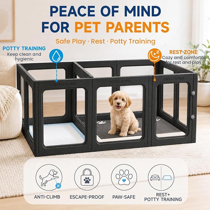 Acrylic Dog Playpen with Toilet, Clear Puppy Play Pen Indoor Puppy Play Pen Tool-Free Assembly Detachable Pet Fence Kennel for Small Dog, Cat, Rabbit (24 Inch, 12 Panels, Black)