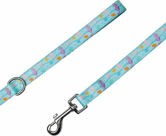Blueberry Pet Summer Sparkle Dog Leash, Small Size, 5 ft x 5/8", Turquoise, Ocean Fish and Seahorse Print Nautical Pet Leash