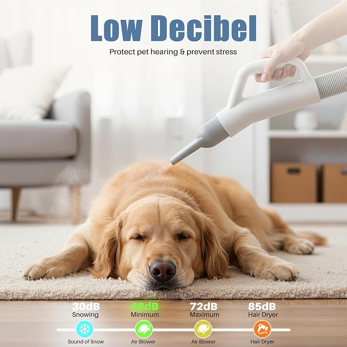 DUMOS Dog Hair Dryer for Pet Grooming, Low Noise | Dog Blow Dryer with Adjustable Wind Speed & Heater Temperature, Cool-Warm-Hot Cycle Mode, 4 Nozzles, 6.5 FT Cord, White