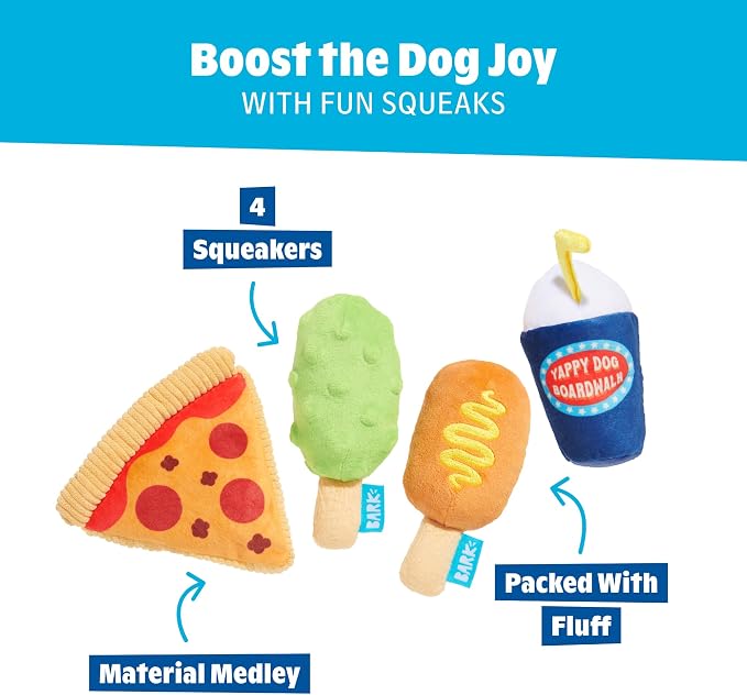 BarkBox Thrill Squeaker Snacks Dog Toy - Toy for Extra Small to Small Dogs | Four-Piece Amusement Park Plush Set with Four Squeakers and Fluff