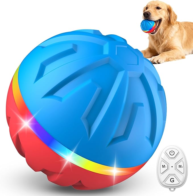 Casfuy Durable Motion Activated 2 Speed Interactive Ball Dog Toy with Remote & LED Light, Blue