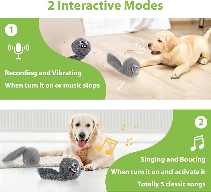 PETGEEK Upgraded Vibrating Squeaky Dog Ball, Rechargeable 900mAh, Grey | Motion-Activated Vibrating Dog Ball, Built-In Recording & Music, Crinkle Plush Cover, Squeaky Interactive Toy for All Dogs