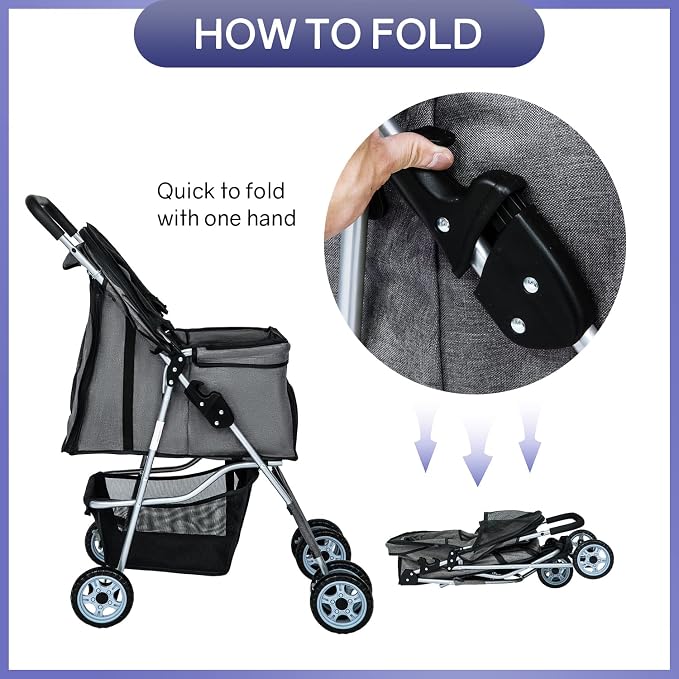 BestPet 4-Wheel Pet Stroller - Grey, Cup Holder