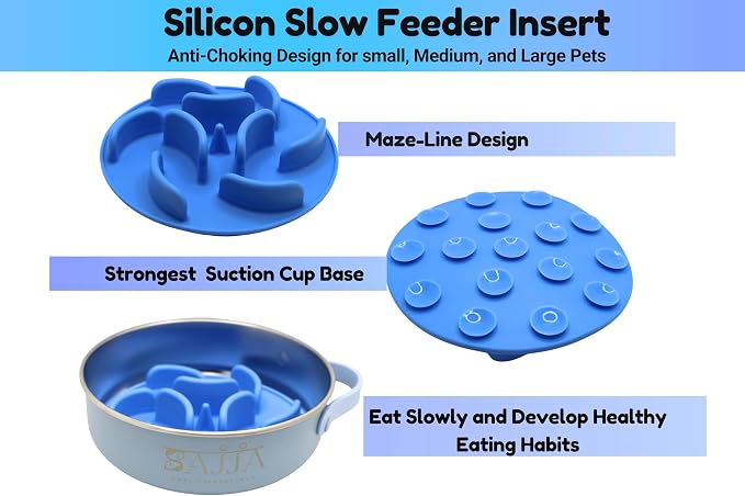 Blue Slow Feeder Travel Dog Bowl Set, 30oz Steel + 20oz Silicone