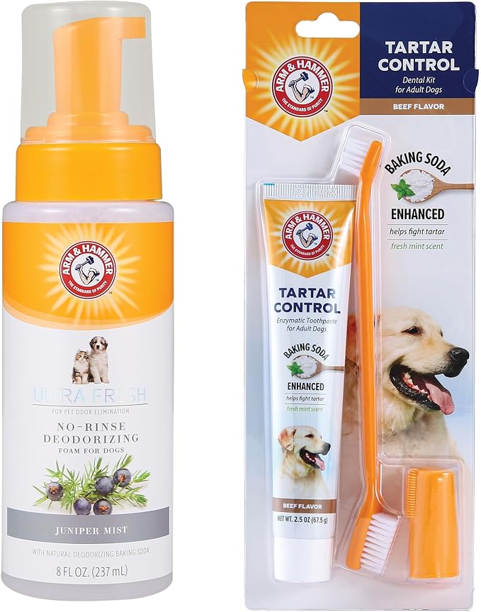 Arm & Hammer Tartar Control Dental Kit & Ultra Fresh Waterless Dog Shampoo Foam Bundle | 3-Piece Beef Flavor Oral Care Set + No-Rinse Juniper Mist Deodorizing Foam, 8 oz