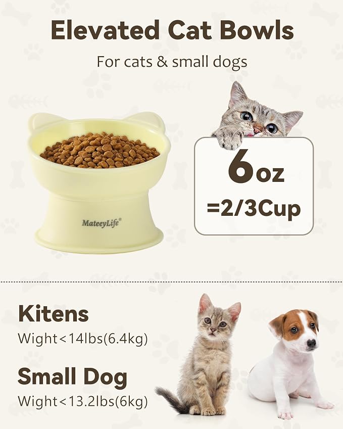 MateeyLife Elevated Cat Bowls, 2P Raised Food and Water Bowl Set for Indoor Cats & Small Dogs, Whisker Fatigue Cat Bowl, Anti Vomit Feeding Pet Bowls, 6 oz Each, Dishwasher Safe - Blue & Yellow