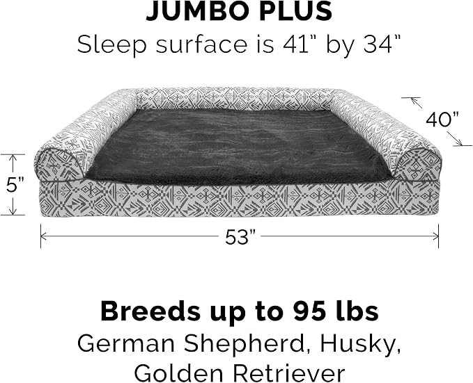 Furhaven Memory Foam Dog Bed for Large Dogs w/ Removable Bolsters & Washable Cover, For Dogs Up to 125 lbs - Plush & Southwest Kilim Woven Decor Sofa - Boulder Gray, Jumbo Plus/XXL