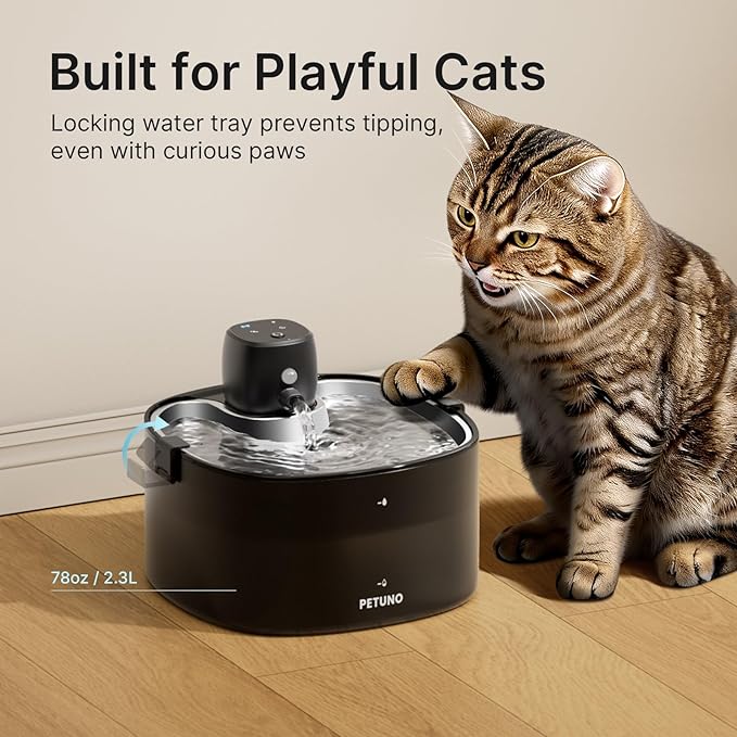 Wireless Cat Water Fountain, Cat Fountain Battery Operated 4000mAh, 78oz/2.3L Pet Water Fountain Cordless with Motion Sensor & Stainless Steel Tray, Quiet Pump & Locking Lid, with 6 Filters
