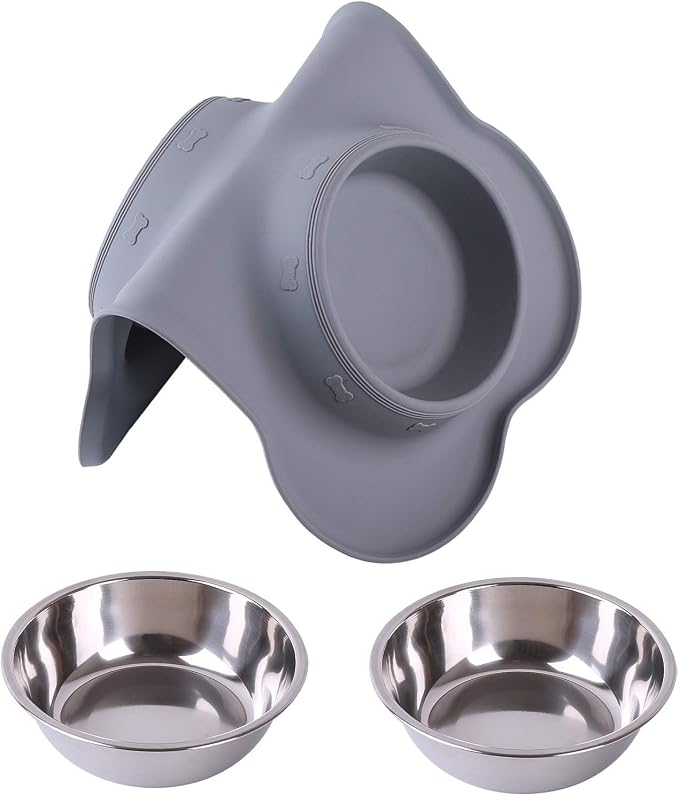 Hubulk Pet Dog Bowls 2 Stainless Steel Dog Bowl with No Spill Non-Skid Silicone Mat + Pet Food Scoop Water and Food Feeder Bowls for Feeding Small Medium Large Dogs Cats Puppies (Medium, Gray)
