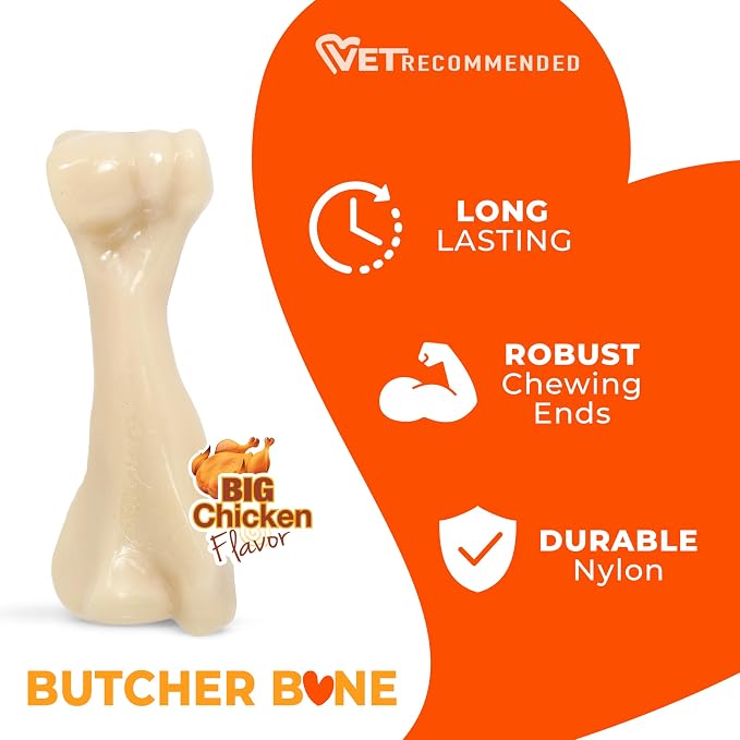 Nylabone Power Chew Butcher Bone Dog Chew Toy, Chicken Flavor, XX-Large | Durable dog toys for aggressive chewers, long lasting, discourages destructive chewing, for dogs 50++ lbs