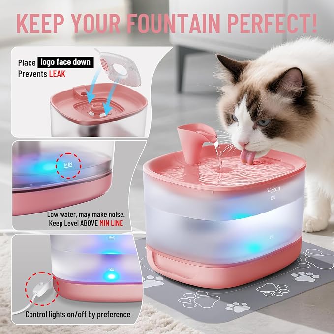 Veken Cat Water Fountain with Detachable Tank, Easy to Clean & Assemble, 85oz/2.5L Automatic Pet Drinking Dispenser with Quiet Operation & LED Light for Cats, Dogs and Small Pets, Red