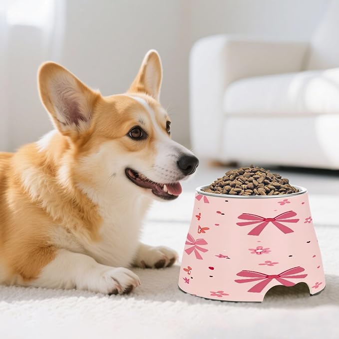 YETTASBIN Bow Pink Elevated Dog Bowls, Prevention of Vertebrae Disease Raised Dog & Cat Bowl Stand with Removable Stainless Steel Bowls, Non-Slip Spill-Proof Pet Food & Water Bowl Dish
