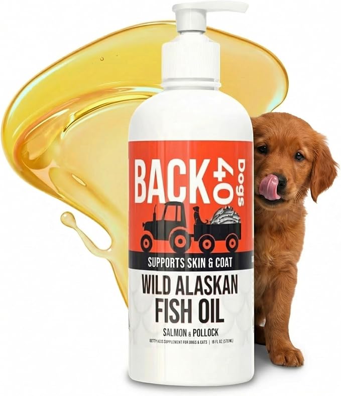 BACK 40 Dogs Wild Alaskan Fish Oil for Dogs, Skin and Coat Supplement for Dogs & Cats, Omega-3-Rich Salmon and Pollock Oil, EPA & DHA Dog Salmon Oil for Brain, Heart, and Joints 16 fl oz (473 ml)