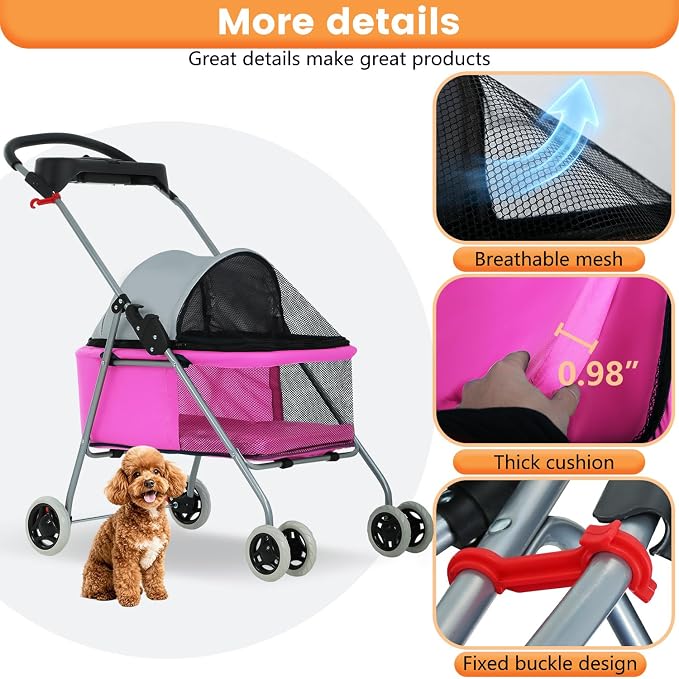 BestPet 4-Wheel Foldable Pet Stroller - Pink, up to 33lbs