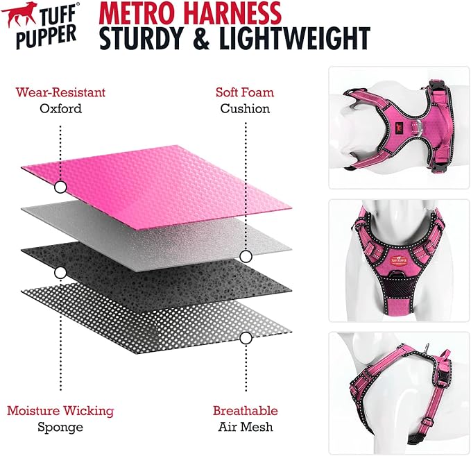 Tuff Pupper No Pull Easy Walk Dog Harness | Heavy Duty Pet Vest | Front & Back Leash Clips | Strong Safety Handle | Reflective Anti Pull Vest | Comfortable Padded Escape Proof Harness (Large, Pink)