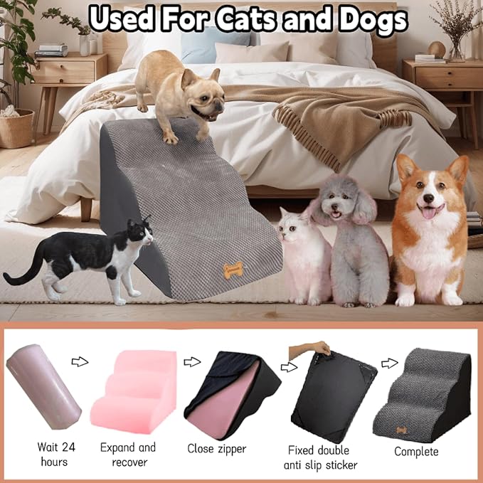 Non-Slip Dog Stairs to High Beds, 3-Step - Cats & Dogs, Grey (23.7*15.8*15.8 IN 33D)