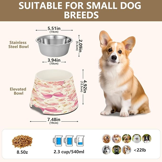 Blueangle Elevated Dog Bowls with Stainless Steel - Non-Slip 2.3 Cup High Capacity Pet Dish for Spinal Health & Cherry with Bow Design（8）