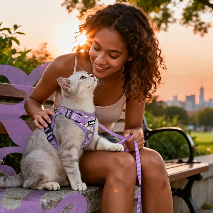 rabbitgoo Cat Harness and Leash Set, Escape Proof Vest, Purr-ple Daisy | Soft Breathable Mesh, Easy Adjustable Fit, Snap Buckles, Sturdy Clip, Reflective Strips, for Medium to Large Cats Walks, M