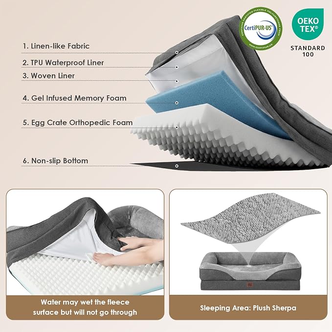 EHEYCIGA Orthopedic Memory Foam Dog Bed - XL 42x30in, Grey