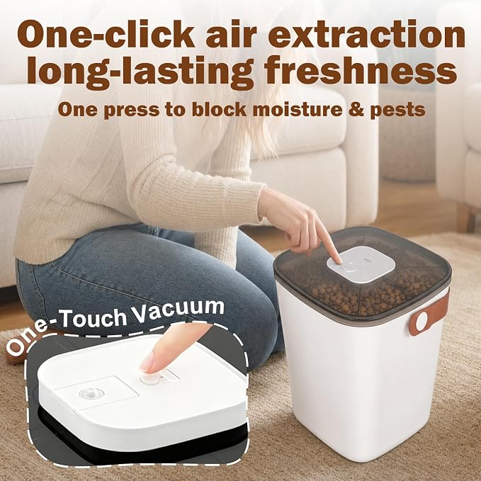 13L Smart Vacuum Pet Food Storage Container, Airtight with One-Touch Sealing, 5.5-7.5kg Large Capacity, White, with Handle and Scoop