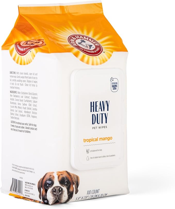 Arm & Hammer for Pets Heavy Duty Multipurpose Dog Wipes, Paw and Butt Wipes for Dogs to Help Clean Deodorize and Freshen Coat and Skin Between Baths, Mango Scent, 100 Count - 3 Pack