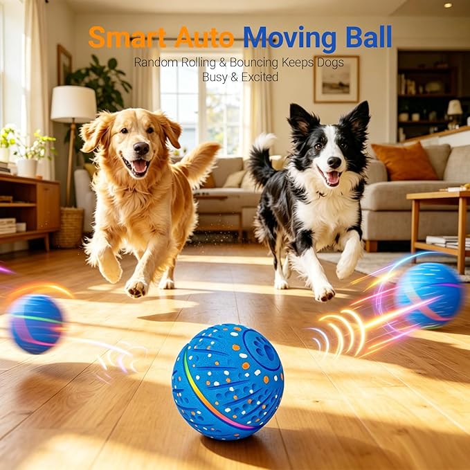 Interactive Dog Ball Toy, Automatic Rolling & Bouncing, LED Lights, Blue | 2.8-Inch Ball, Small & Medium Dogs, 2-in-1 Fetch Toy, Home Alone Play, Reduces Boredom, USB-C Rechargeable, Up to 3 Hours