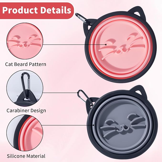 2-Pack Silicone Collapsible Dog Bowl, Ear Shape, 25oz, Pink and Grey