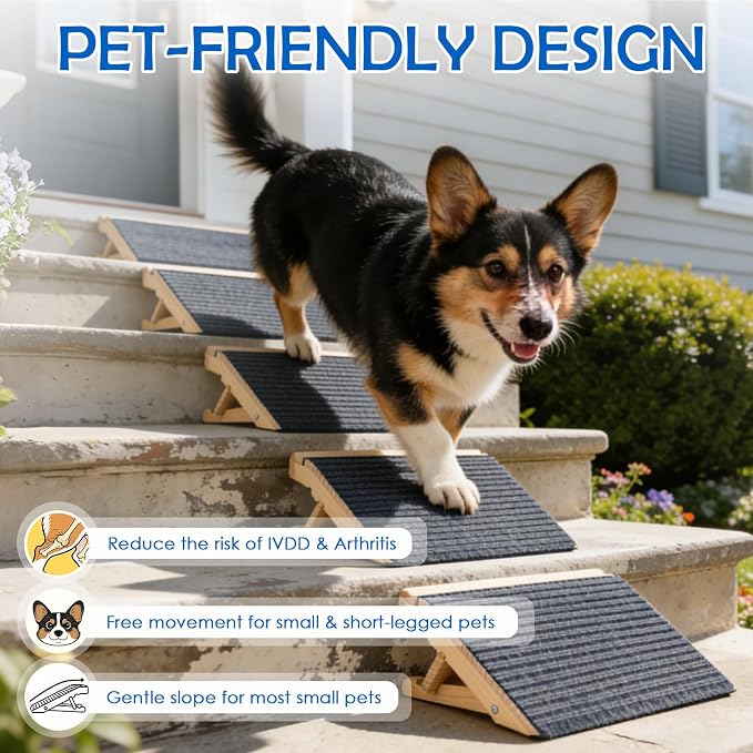 Adjustable Dog Ramp for Stairs, 2-Height Foldable Wooden Pet Steps | 3 Pack, 4.3"/5.5"H, Gentle on Joints, for Small & Senior Dogs, with Anti-Slip Carpet, Solid Wood, 170 lbs, No Assembly