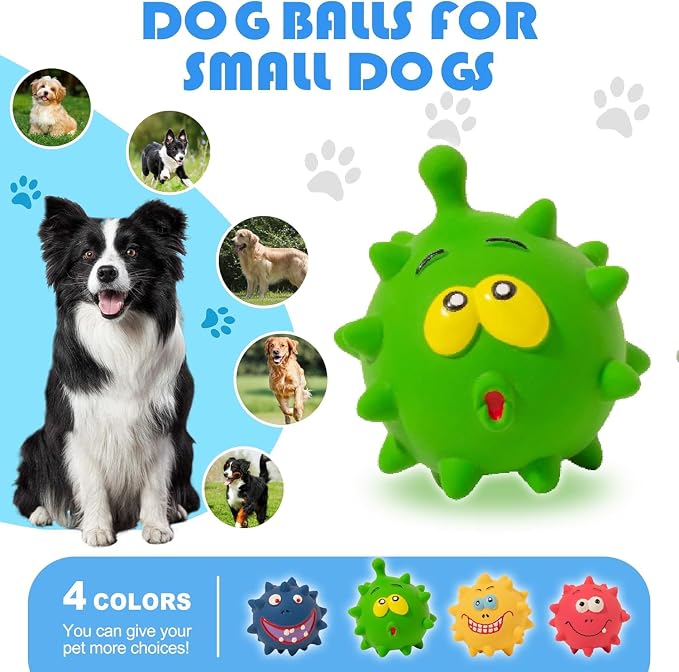 4Pcs Squeaky Dog Toys Set - Non-Toxic Natural Latex Rubber Balls with Oinking for Large, Medium, Small Dogs - Durable Decorative Cute Faces for Fun