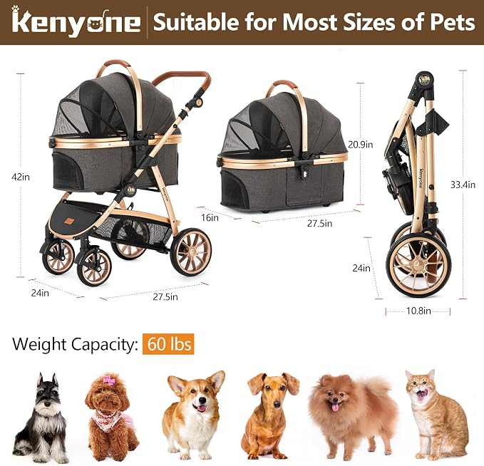 Kenyone 3-in-1 Pet Stroller - Dark Gray (C510L), Detachable Carrier