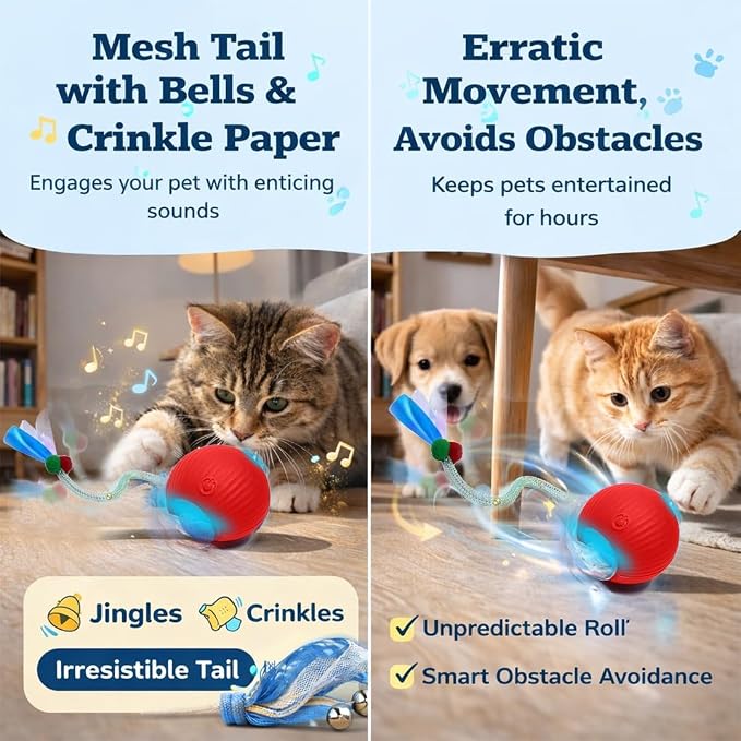 Interactive Cat Toys for Indoor Cats – Motion Activated Automatic Cat Ball with SpeedyTail, 3 Play Modes, Rechargeable LED Rolling Ball, Kitten Toys for Bored Indoor Cats, Smart Cat Enrichment Toy
