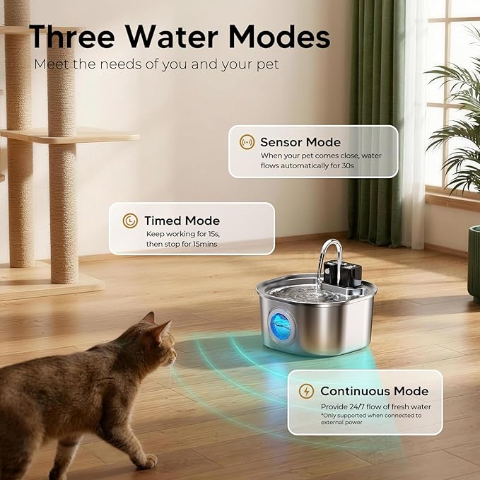 Voluas Stainless Steel Cat Water Fountain: 108oz/3.2L Wireless Cat Fountain Battery Operated for Drinking Indoor, Automatic Pet Water Dispenser Bowl with Ultra Quiet Pump, Easy Clean BPA-Free, 4Filter