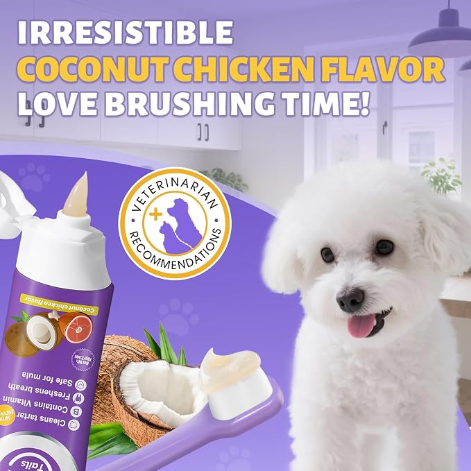 Vet Recommended Small Dog Teeth Brushing Kit 2.52oz + Natural Coconut Oil Dog & Cat Toothpaste for Fresh Breath 3.52oz
