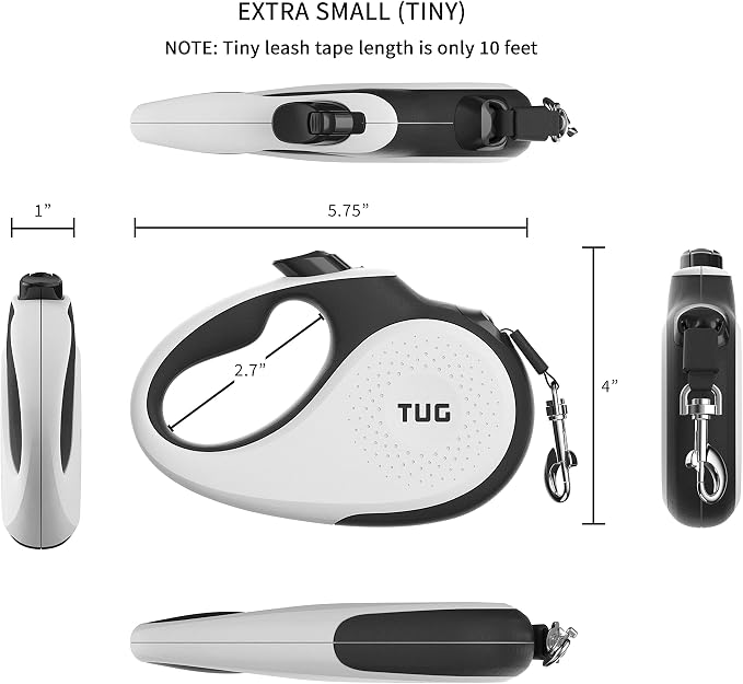 TUG Tiny Retractable Dog Leash, 10 ft (Extra Small, White) | 360° Tangle-Free Retraction, 10 ft Tape, Quick Thumb Lock, Anti-Slip Handle, For Pets Under 26 lbs