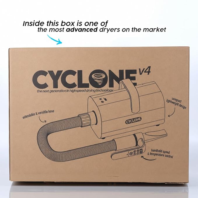 CYCLONE v4® Professional HIGH POWER Velocity Force Dog Hair Blow Dryer for Pet Grooming | Quiet Motor with Adjustable Heat and Speed | 4 Drying Attachments Included