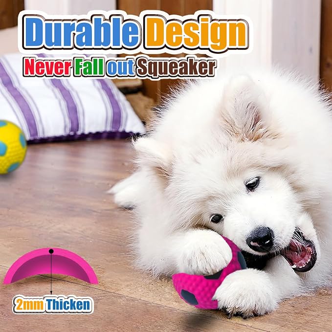 HOLYSTEED Squeaky Dog Toys for Medium Dogs, 2.6" Round Latex Soccer Balls | 2.6"x2.6"x2.4" Squeak Dog Ball 4pcs, Soft Bouncy Fetch Toys for Medium and Large Breeds Like Beagle, Samoyed, Husky, Labrador