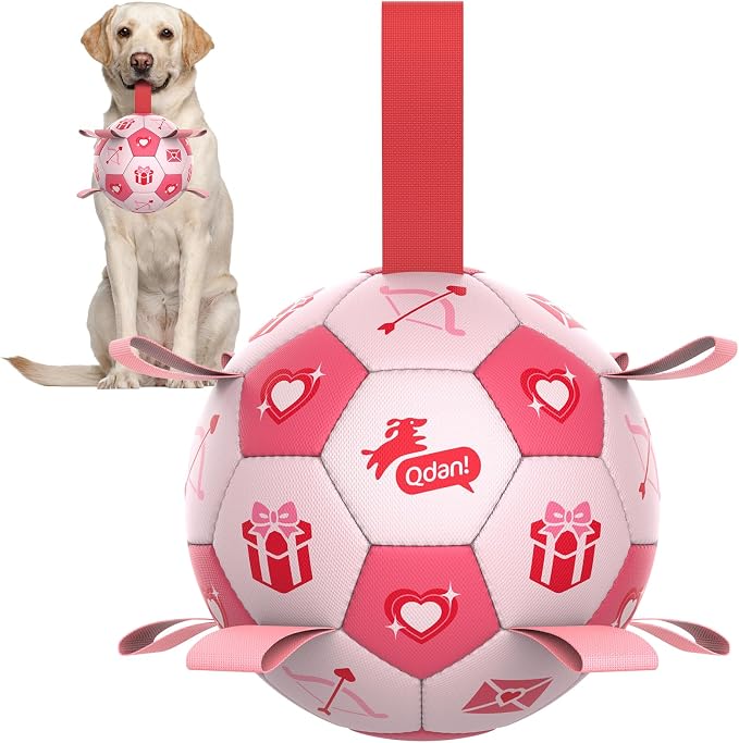 QDAN Dog Birthday Toys, Pink Soccer Ball with Straps, Interactive Tug of War Toy, Puppy Birthday Gifts, Water Toy, Durable Dog Balls for Medium Large (8 Inch)