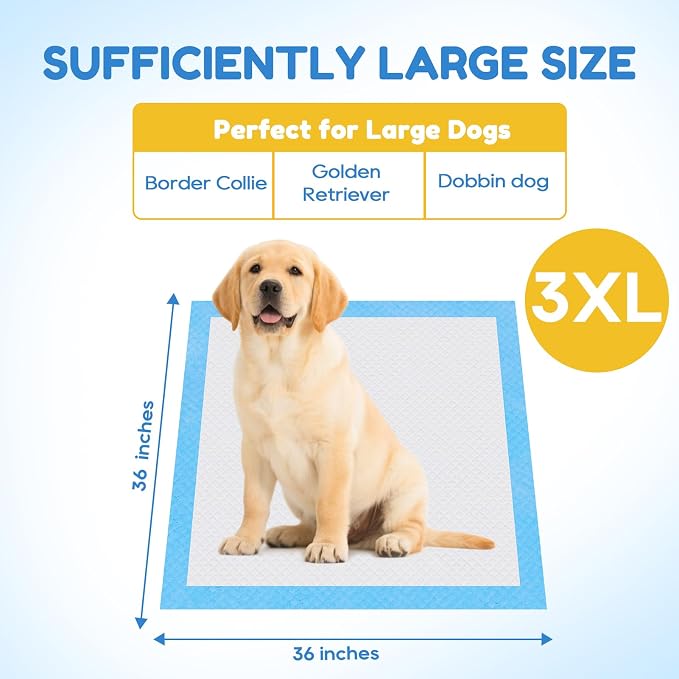 JollyMate Dog Pee Pads Extra Large 36"x36", 50 Pack 3X-Large Super Absorbent Pet Training Pads with Adhesive Tabs, 6 Layers Thick Leak-Proof Potty Pads for Dogs and Puppies