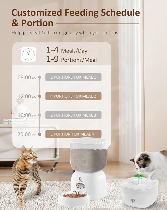 HX HECLX Automatic Cat Feeder with 3L Dry Cat Food Dispenser and 2L Water Fountain, Timed Dog Feeder with Portion Control and Daily Meals, Wire/Battery Automatic Feeders, White