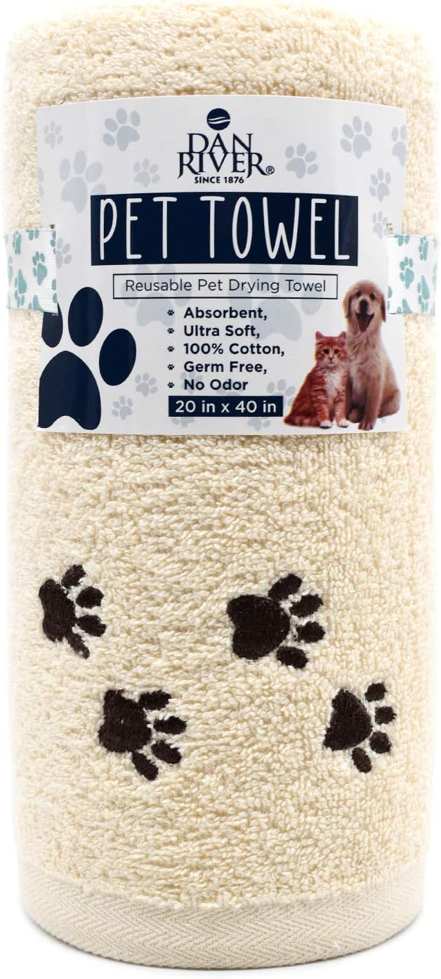 DAN RIVER Dog Towel - Pack of 1, 100% Cotton, 20x40, Ultra Soft 450 GSM, Super Absorbent & Quick Drying Towel for Dogs, Cats, and Other Pets, Shortbread.