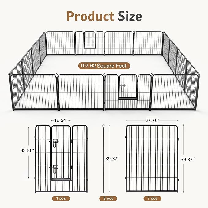 DUMOS Dog Playpen Indoor/Outdoor, Metal, 40in, 16 Panels, Foldable with Door