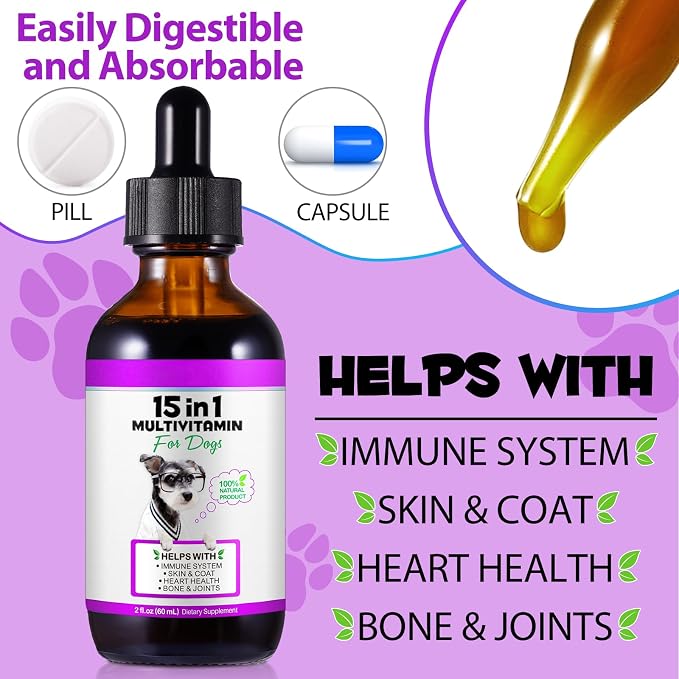 15-in-1 Dog Multivitamin Drops, Liquid Multivitamin Drops for Dogs, 2 oz | with Glucosamine, MSM & Omega for Joint, Heart, Immune & Skin Health, Easy Liquid Drops for Picky Eaters, All Ages, Breeds